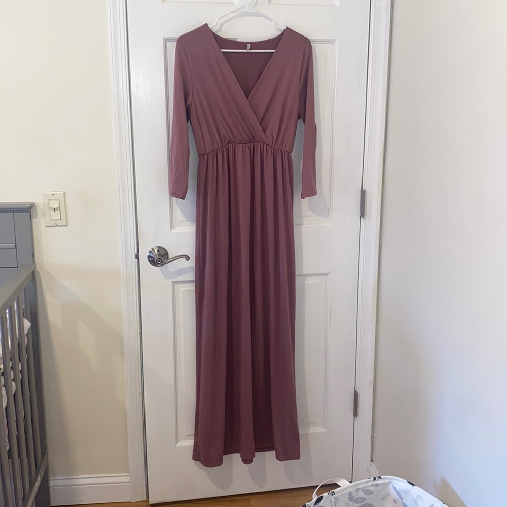 Mother Bee Maternity V-Neck 3/4 Sleeve Ruched Waist Dress